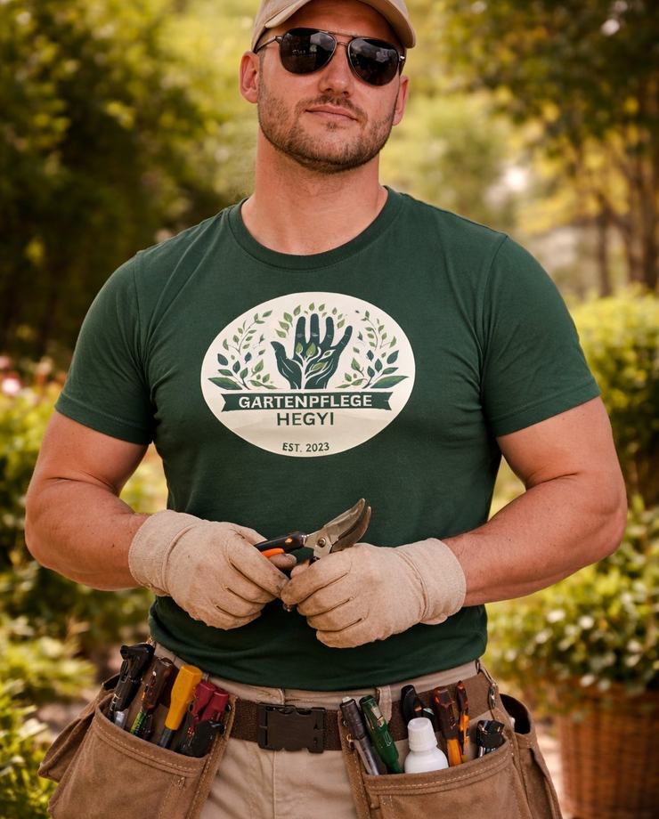 Gärtner mit Werkzeuggürtel und Gartenschere bei der Arbeit — KI-generiertes Symbolbild
